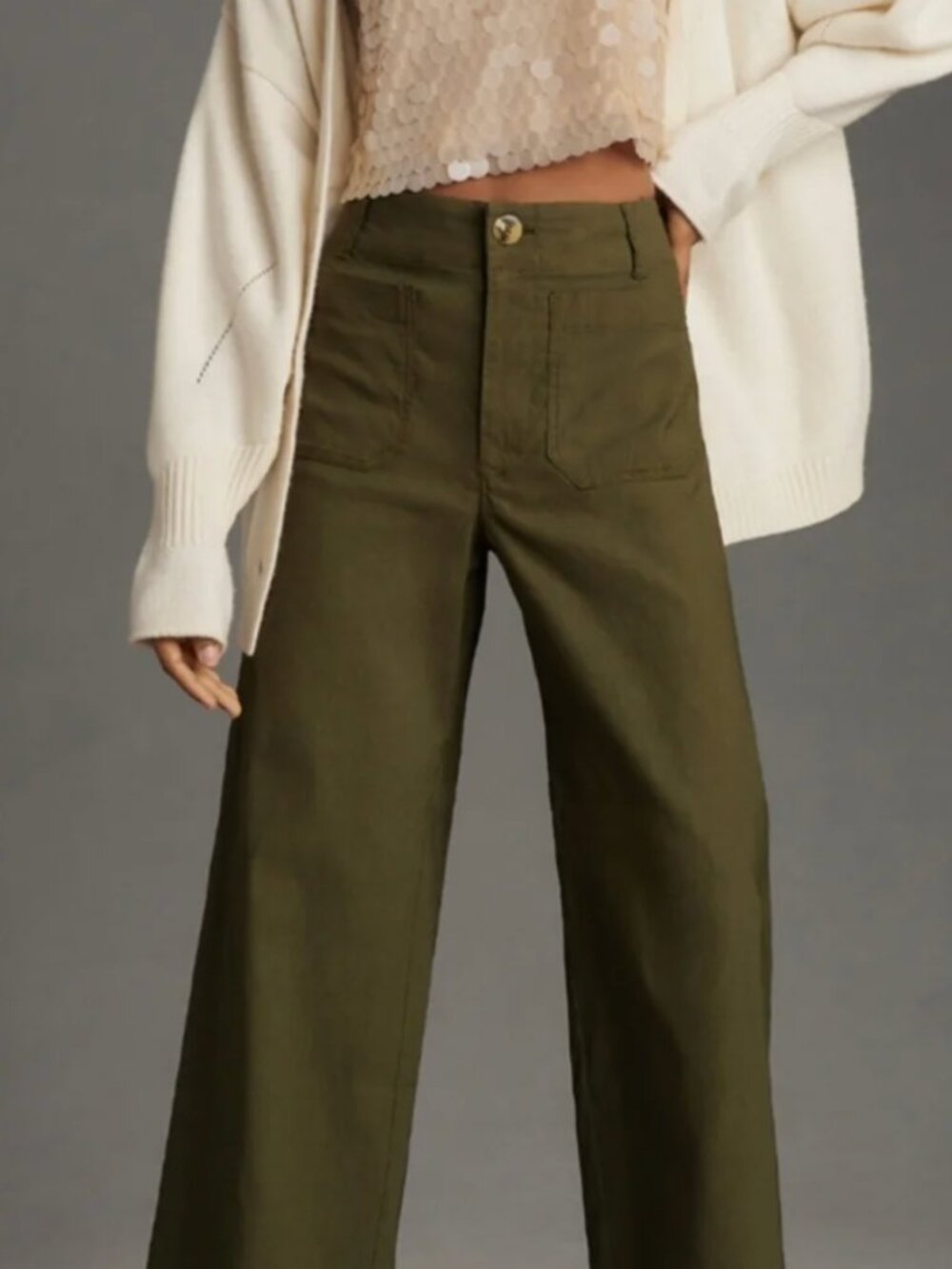 Anthropologie Maeve Colette High-Rise Wide-Leg Cropped Pants in Olive - Size 29